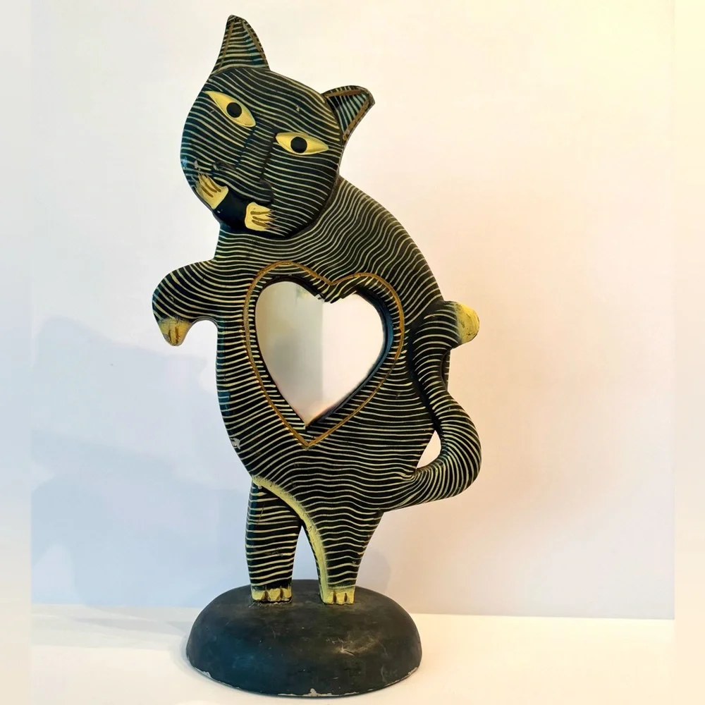 PIER 1 STRIPED WOODEN FOLK ART CAT With MIRROR Statue 15” tall